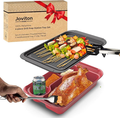 4PCS Melamine Prep Tray Set with Tons & Brush for BBQ, Marinating Plate | Dishwasher Safe,Picnic Prep Tub for Marinating Meats,Grill Prep Trays with Tons & Brush,Camping Cookware,NOT Microwave Safe