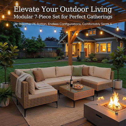 Devoko Patio Furniture Set,7 Pieces Outdoor Wicker Sectional Couch with Thick Cushions &Glass Tabletop, PE Rattan Backyard Conversation Sofa with Coffee Table for Deck, Porch（7pc）