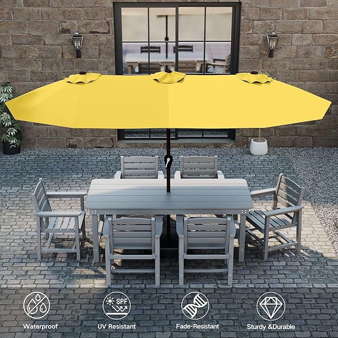 Kingdura 15ft Large Patio Umbrella with Solar Lights, Double-Sided Rectangle Lighted Outdoor Table Umbrella with Base Included, 12 Reinforced Ribs, 48 Led Lights, Crank Lift for Market Pool Deck Backyard, Yellow