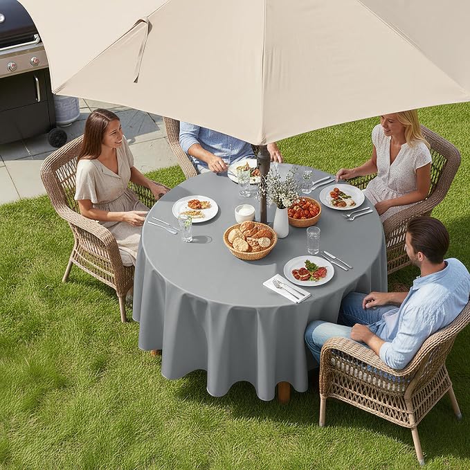 LUSHVIDA Round Outdoor Tablecloth with Umbrella Hole and Zipper, 60 Inch Silver, Washable Waterproof Table Cloth Spill Proof Wrinkle Free Table Cover for Patio Spring Summer Picnic BBQS