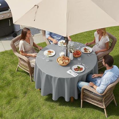 LUSHVIDA Round Outdoor Tablecloth with Umbrella Hole and Zipper, 60 Inch Silver, Washable Waterproof Table Cloth Spill Proof Wrinkle Free Table Cover for Patio Spring Summer Picnic BBQS