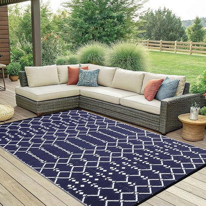 Smiry Outdoor Rug 6x9 ft Waterproof Reversible Boho Mat, Navy | Polypropylene Plastic Straw, Quick Drying, Lightweight Foldable, for Patio, Deck, RV Camping, Backyard and Indoor Outdoor Use