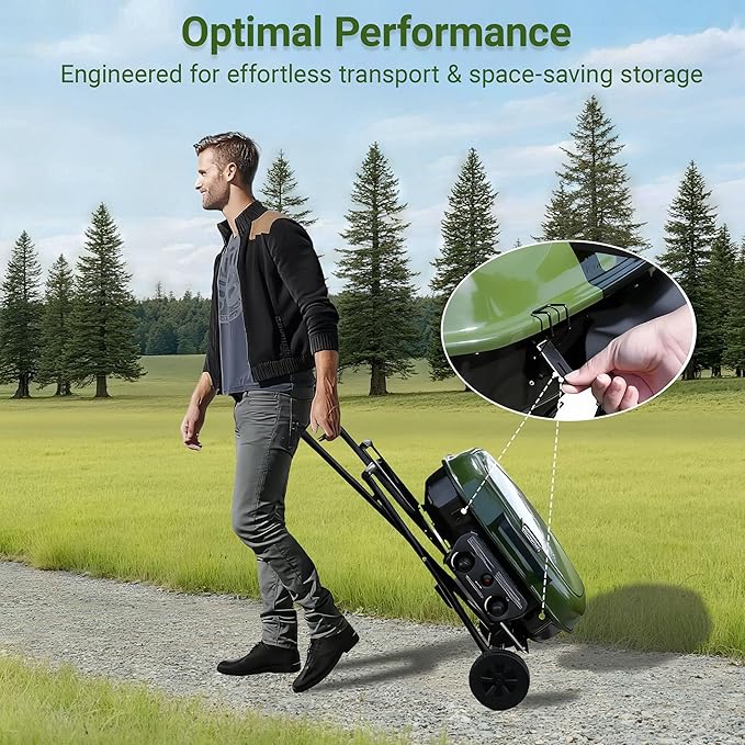 Brand-Man Portable Gas Grill, 2-in-1 Propane Camping Grill & Griddle Porcelain-Enameled with Folding Stand-Up Cart, 18,000 BTU 2-Burner Outdoor BBQ for Family Camping, Tailgating and Patio, Green