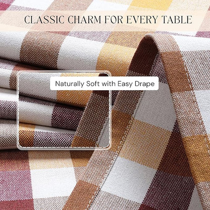 Gingham Check Tablecloth, 60"x102", 100% Cotton, Washable, Reusable Everyday Dining Table Linen Cover for Holidays, Parties, Burgundy Wine - Brown - Mustard Yellow & Natural Plaid