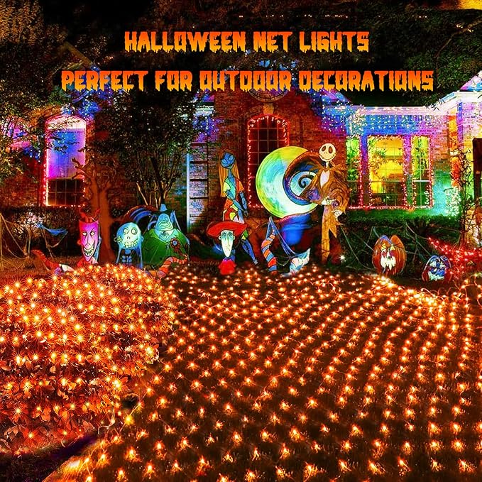JMEXSUSS 360 LED Halloween Net Lights, Orange, 12ft x 5ft | Outdoor Waterproof, Connectable, Plug in, Mesh Lights with Remote for Bushes Shrubs Christmas Halloween Decorations