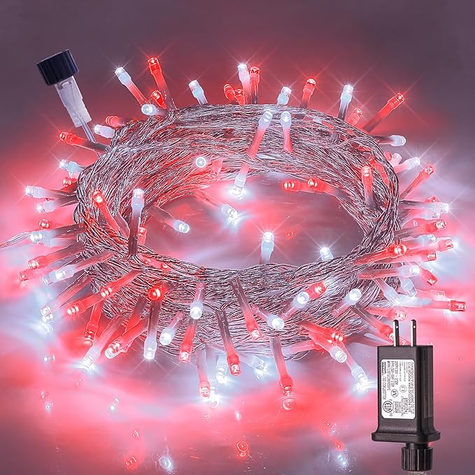 Hopolon 33FT 100 Led String Lights Indoor Outdoor,Red and White Christmas Lights Clear Wire,Connectable Waterproof Twinkle Fairy Light Plug in for Tree Valentines Day Bedroom Wedding,100 LED,Red White