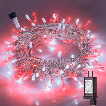Hopolon 33FT 100 Led String Lights Indoor Outdoor,Red and White Christmas Lights Clear Wire,Connectable Waterproof Twinkle Fairy Light Plug in for Tree Valentines Day Bedroom Wedding,100 LED,Red White