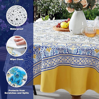 Home Bargains Plus Round Vinyl Tablecloth with Flannel Backing, 70 Inch, Alluring French Country, Yellow and Blue Floral Vinyl Table Cover, Heavy Weight for Dining Party and Barbecues