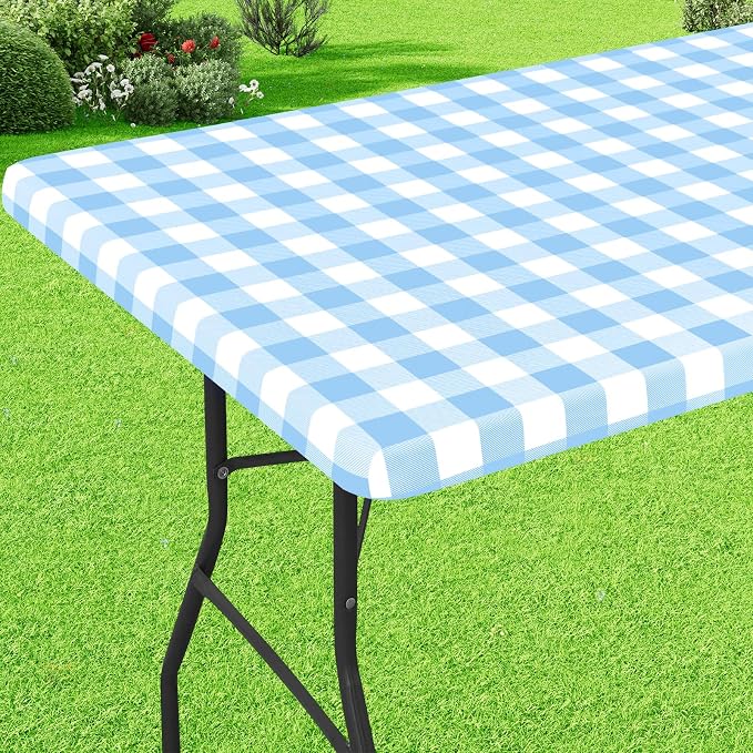 Buffalo Rectangle Picnic Tablecloth, 4 Foot Elastic Fitted Vinyl Table Cloth with Flannel Backing, Waterproof Plaid Table Covers for Dining, Camping, Outdoor (Baby Blue and White, 24" x 48")