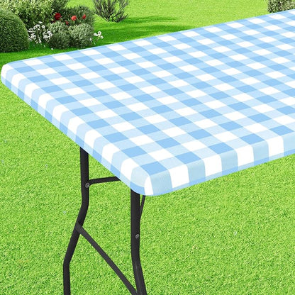 Buffalo Rectangle Picnic Tablecloth, 4 Foot Elastic Fitted Vinyl Table Cloth with Flannel Backing, Waterproof Plaid Table Covers for Dining, Camping, Outdoor (Baby Blue and White, 24" x 48")