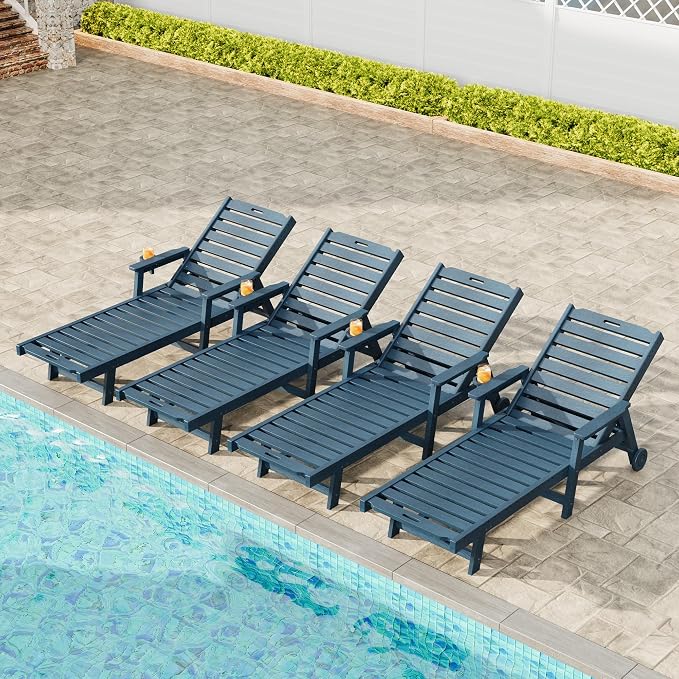 Garvee Lounge Chair Outdoor Set of 4 with Wheels & 5-Position Adjustable Backrest, Oversized Chaise Lounge with 2 Move Handle, HDPE Lounge Chair w/Detachable Cup Holder, for Patio, Pool,Navy Blue