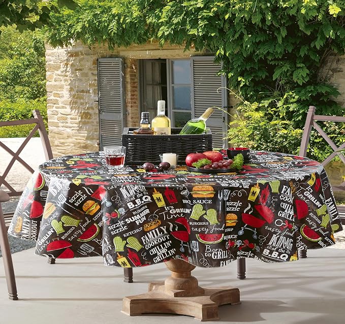 Newbridge Grill King Barbecue Print Vinyl Flannel Backed Tablecloth, Novelty Grilling Design Waterproof Patio, BBQ, Picnic, Indoor Outdoor Tablecloth, 60 Inch x 84 Inch Oval