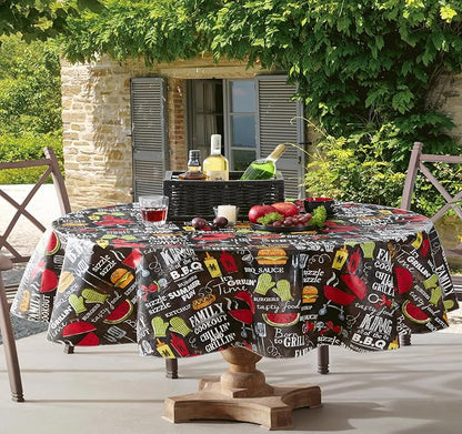 Newbridge Grill King Barbecue Print Vinyl Flannel Backed Tablecloth, Novelty Grilling Design Waterproof Patio, BBQ, Picnic, Indoor Outdoor Tablecloth, 60 Inch x 84 Inch Oval