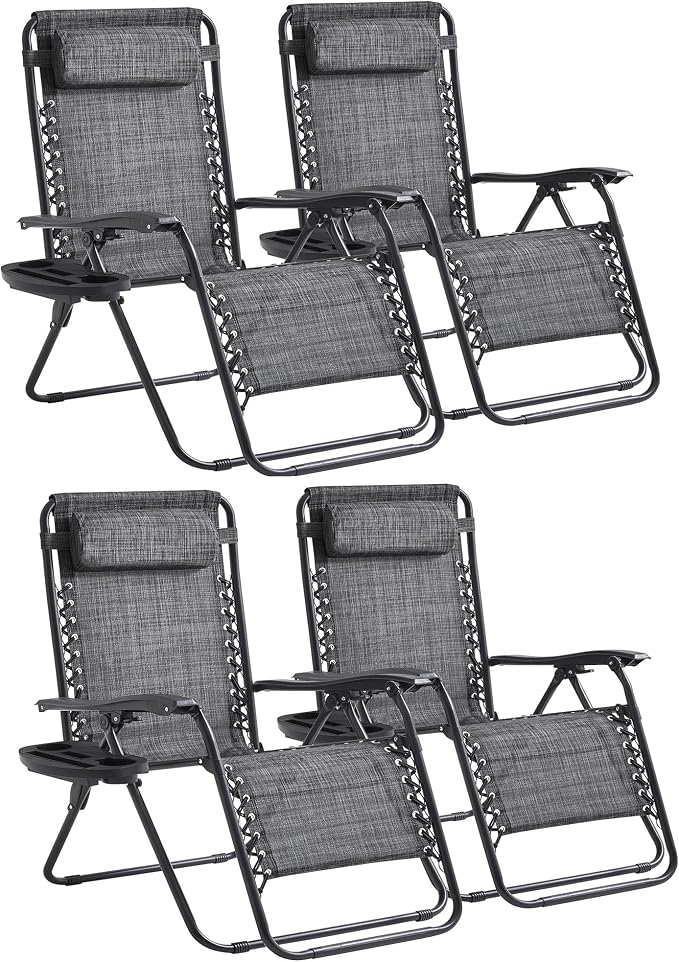 Zero Gravity Chair Set of 4 Oversized Folding Recliner, Padded Anti Gravity Lounge Chair with Adjustable Pillow & Cup Holder for Outdoor Camping, Patio, Poolside, Lawn (Gray)