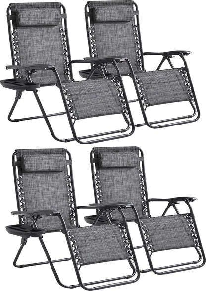Zero Gravity Chair Set of 4 Oversized Folding Recliner, Padded Anti Gravity Lounge Chair with Adjustable Pillow & Cup Holder for Outdoor Camping, Patio, Poolside, Lawn (Gray)
