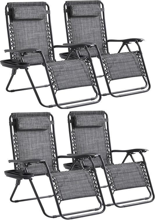 Zero Gravity Chair Set of 4 Oversized Folding Recliner, Padded Anti Gravity Lounge Chair with Adjustable Pillow & Cup Holder for Outdoor Camping, Patio, Poolside, Lawn (Gray)