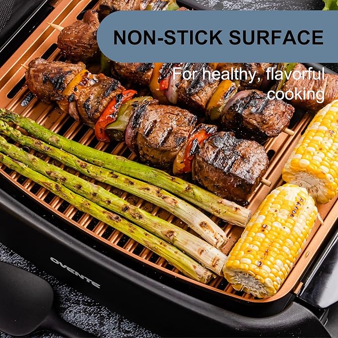 OVENTE Electric Indoor Grill with 13x10 Inch Non-Stick Cooking Surface, 1000W Fast Heat Up Power, Adjustable Temperature, Removable and Dishwasher Safe Grilling Plate and Drip Tray, Copper GD1632NLCO