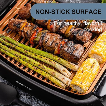 OVENTE Electric Indoor Grill with 13x10 Inch Non-Stick Cooking Surface, 1000W Fast Heat Up Power, Adjustable Temperature, Removable and Dishwasher Safe Grilling Plate and Drip Tray, Copper GD1632NLCO