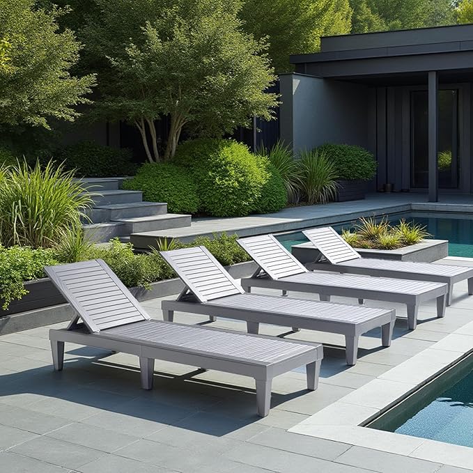 Nestl Sun Tanning Chair - Light Grey Chaise Lounge Chair Outdoor, Lightweight Pool Lounge Chairs Set of 4, Adjustable 5-Position Reclining Lawn Chair, Waterproof Beach Outdoor Lounge Chairs