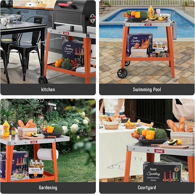 Feasto Movable Outdoor Grill Table Cart, Pizza Oven Stand with Wheels, Stainless Steel Countertop with Foldable Extension Table, Versatile Food Prep Grill Cart for Outdoor BBQ Cooking