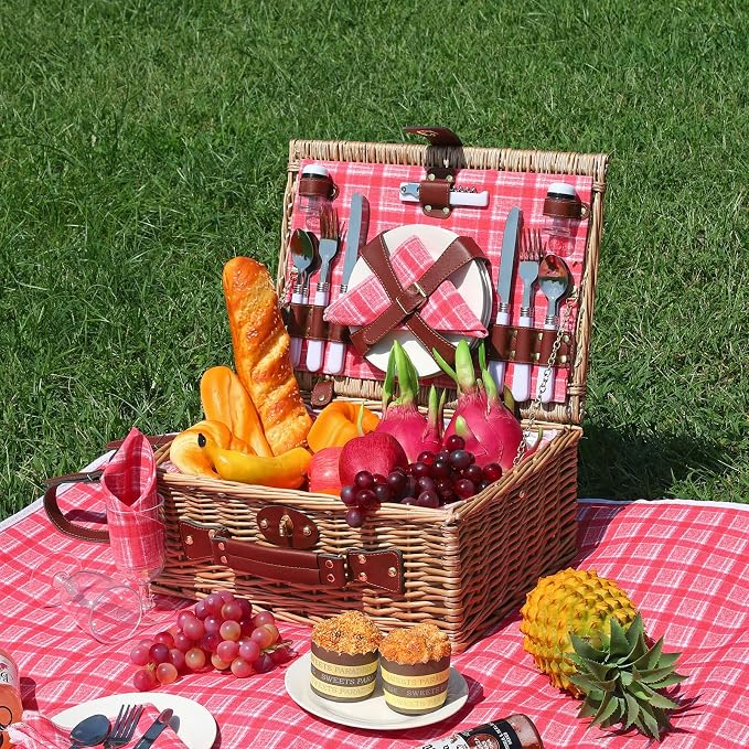 Wicker Picnic Basket Set for 4, Blanket, Cooler Bag, Pink Red Plaid | Four-Person Wicker Set Includes Tableware, Insulated Food Storage and Waterproof Blanket for Parks, Camping, Dates and Gifts