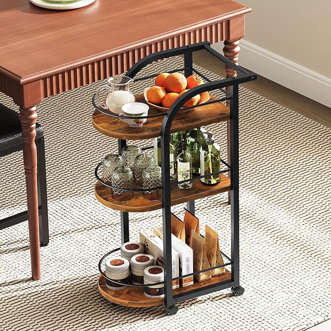 3-Tier Bar Cart, Home Bar Serving Cart with Fence and Wheels, for Dining Room, Living Room, Garden, Party, Rustic Brown and Black BC06BR