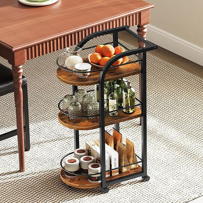 3-Tier Bar Cart, Home Bar Serving Cart with Fence and Wheels, for Dining Room, Living Room, Garden, Party, Rustic Brown and Black BC06BR