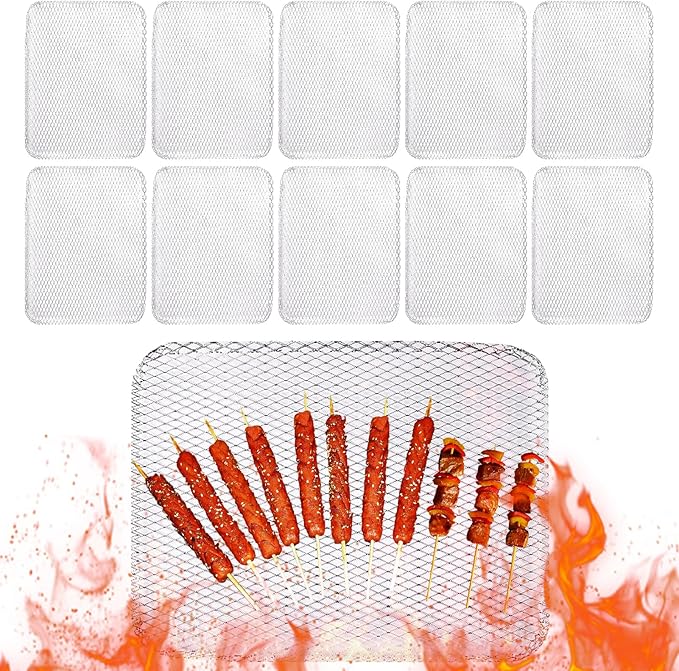 Disposable Grill Toppers, Non-Stick Aluminum BBQ Mat, 10-Pack, 15.3x12 Inches, Silver, Outdoor Grilling Mesh