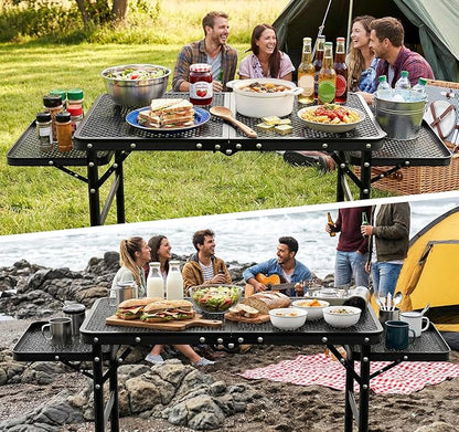 Folding Grill Table 30.3" Height Adjustable, Outdoor Camping Table with 2 Extra Desktops, 3x2 FT Portable Metal Grill Table for Outside for Picnic BBQ Camping Beach