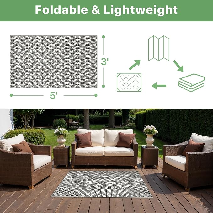 GENIMO Outdoor Rug 3'x5' Waterproof for Porch, Plastic Door Mat Cloud Grey | Outside Larger Modern Carpet Mat for Porch Decor, Deck, Balcony, Camping, RV, Backyard, Picnic, Beach, Reversible, Foldable