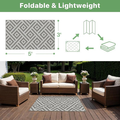 GENIMO Outdoor Rug 3'x5' Waterproof for Porch, Plastic Door Mat Cloud Grey | Outside Larger Modern Carpet Mat for Porch Decor, Deck, Balcony, Camping, RV, Backyard, Picnic, Beach, Reversible, Foldable