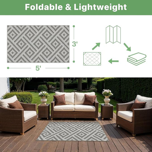 GENIMO Outdoor Rug 3'x5' Waterproof for Porch, Plastic Door Mat Cloud Grey | Outside Larger Modern Carpet Mat for Porch Decor, Deck, Balcony, Camping, RV, Backyard, Picnic, Beach, Reversible, Foldable