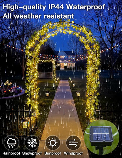 suddus Solar Ivy String Lights Outdoor Waterproof, 33Ft 100 LED Fake Vines with Lights, Artificial Greenery Leaf Fairy Light for Privacy Fence, Wall, Patio, Garden, Balcony Decor (Warm White)