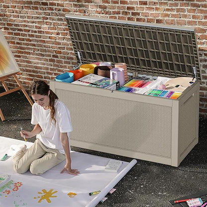 DWVO 320 Gallon Resin Outdoor Storage Box, XXL Large Waterproof Deck Box, Doubles as Table or Seating with 1000 lbs Capacity, Lockable (Brown)