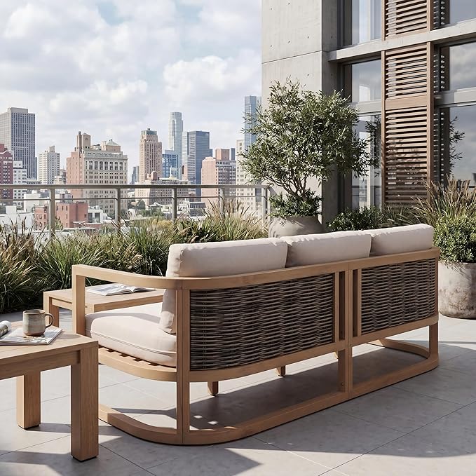 Merax Outdoor All-Weather Acacia Wood 3 Seater Sofa with Cushion and Deep Seat, Patio Sofa Daybed with Sturdy Base for Porch, Lawn, Backyard, Balcony, Light Teak