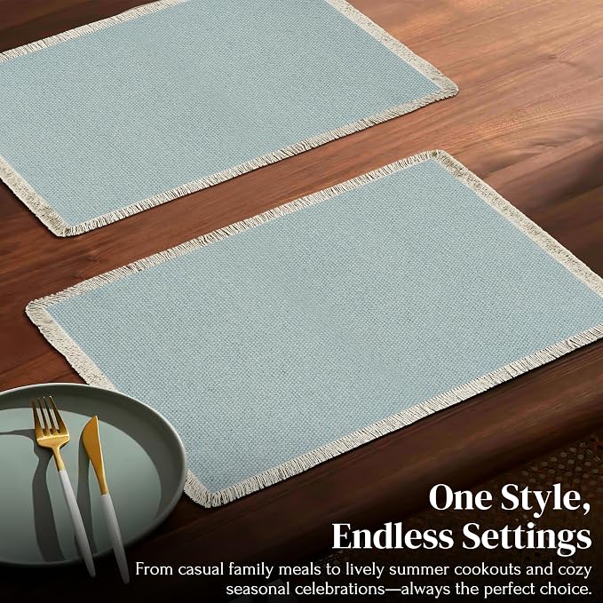 Hausattire Cotton Frayed Placemats Set of 4 Dining Table 13x19 Inch | Rustic Vintage Boho Washable Easter Placemat for Outdoor Parties BBQ's Wedding,Special Occasions, Nubby Cotton - Blue