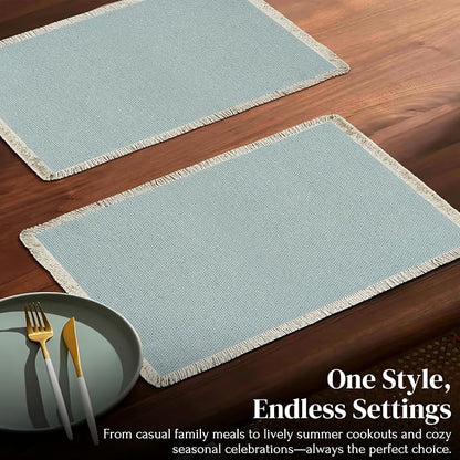Hausattire Cotton Frayed Placemats Set of 4 Dining Table 13x19 Inch | Rustic Vintage Boho Washable Easter Placemat for Outdoor Parties BBQ's Wedding,Special Occasions, Nubby Cotton - Blue
