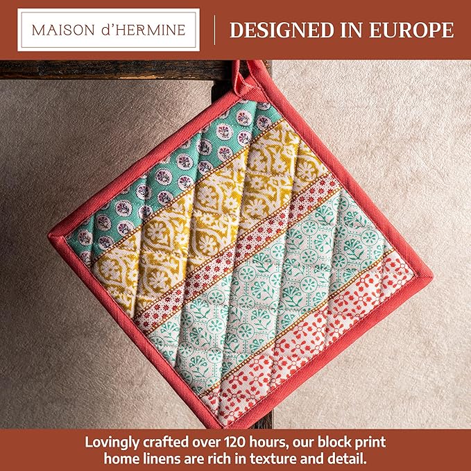 Maison d' Hermine Pot Holders 100% Cotton Heat Resistant Potholders 8" x 8" Hot Pads with Loop BBQ Cooking Baking Hotel Farmhouse Kitchen Handling Hot Pans Spring Summer (Pack of 1, Provence)