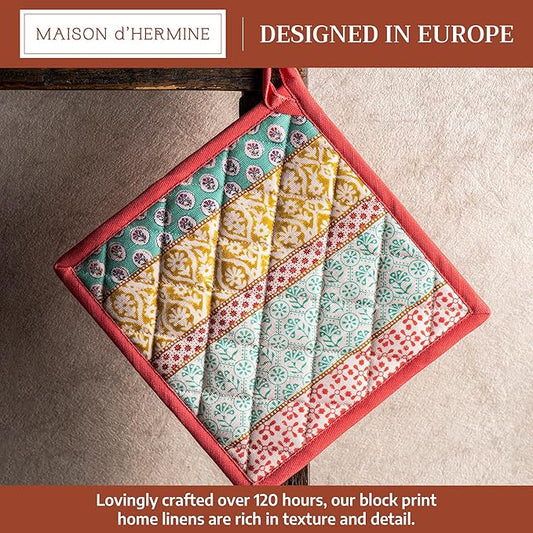 Maison d' Hermine Pot Holders 100% Cotton Heat Resistant Potholders 8" x 8" Hot Pads with Loop BBQ Cooking Baking Hotel Farmhouse Kitchen Handling Hot Pans Spring Summer (Pack of 1, Provence)