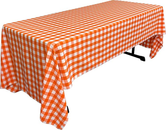 LA Linen TCcheck60x126-OrangeK48 Polyester Gingham Checkered Rectangular Tablecloth, White & Orange - 60 x 126 in.