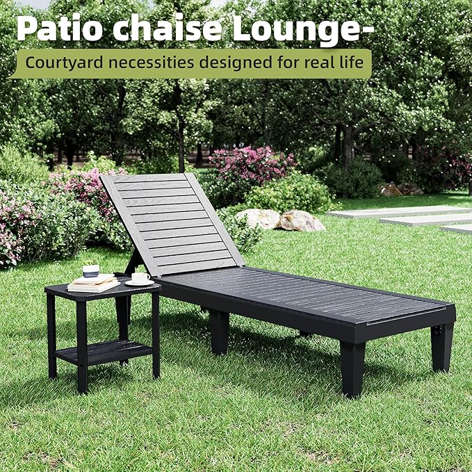 Outdoor Lounge Chairs Set of 2, 5-Position Adjustable Tanning Chairs with Wood Grain, All-Weather Resin Patio Recliners for Pool, Garden, Deck, Beach, Patio Lounge Chairs, Texture Black