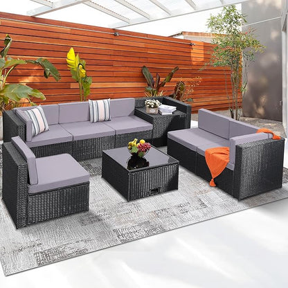 KROFEM 8-Piece Patio Furniture Set, Outdoor Wicker Rattan Sectional with Thick Cushions, Glass Top Table with Hidden Storage, Outdoor Conversation Set for Backyard, Porch, Patio, Black and Grey