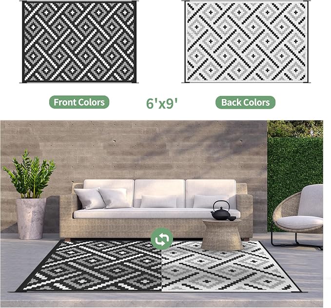 GENIMO Outdoor Rug, Waterproof Plastic Rugs for Patio, 6'x9' Ink White | Outside Larger Modern Carpet Mat for Porch Decor, Deck, Balcony, Camping, RV, Backyard, Picnic, Beach, Reversible, Foldable
