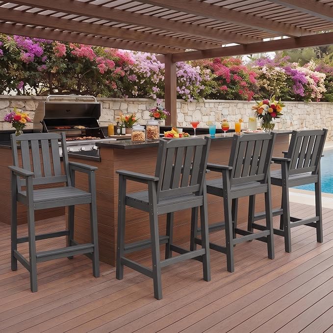 Garvee Outdoor Patio Bar Height Chair Set of 4, All-Weather HDPE Bar Height Barstools Widened Chair Set, Adirondack Chairs Set with Widened Armrests for Garden, Poolside, Bistro