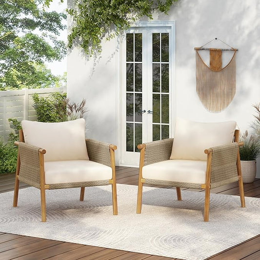 Christopher Knight Home Posey Acacia Wood Lounge Chair Outdoor Set of 2 with Removable Cushion, Solid Wood Patio Accent Chair, Patio Furniture Set Sofa Chair, Teak+Beige