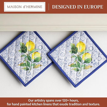 Maison d' Hermine Pot Holders 100% Cotton Heat Resistant Potholders 8" x 8" Hot Pads with Loop BBQ Cooking Baking Hotel Farmhouse Kitchen Handling Hot Pans Spring Summer (Pack of 2, Citrus)