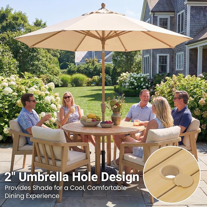 Wisteria Lane 7-Pieces Acacia Patio Table and Chairs Set for 6, Outdoor Dining Set with Round Table, Modern Patio Table Set with Cushion, Patio Furniture Set for Backyard Deck Garden Porch
