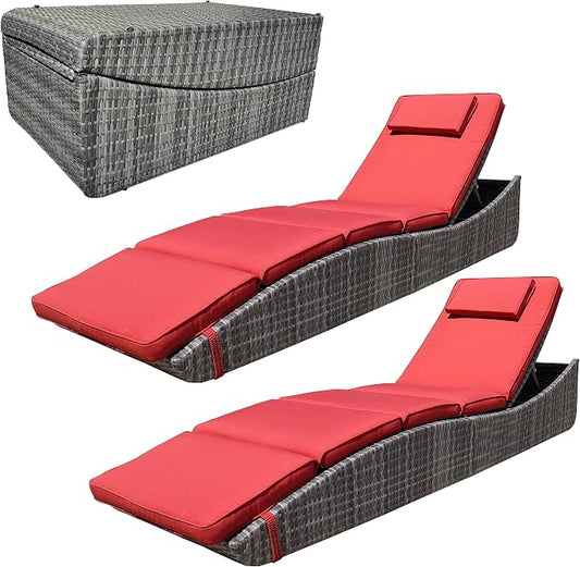 BTEXPERT Set of 2,Foldable Outdoor Chaise Pool Lounge Chair Folding Wicker Rattan Sun Bed Patio Couch Reclining Lounger Adjustable Padded Backrest Pillow Assembled - Red Burgundy