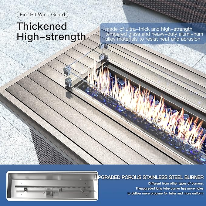 Kullavik 43" Propane Gas Fire Pit Table 55,000 BTU Auto-Ignition Wicker ETL Certified Outdoor Fire Pits with Glass Wind Guard,Fire Glass,Slide Out Tank Holder,Lid,Waterproof Table Cover