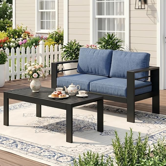 Wisteria Lane Aluminum Outdoor Sofa, 2 Pieces Patio Couch All-Weather Rust-Proof Modern Metal Patio Furniture with 5" Thick Olefin Cushions, Light Grey